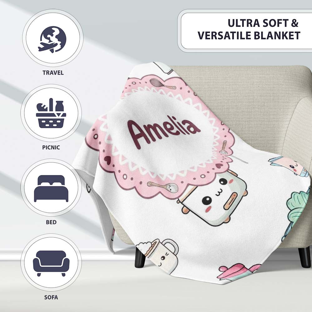 Cute Kawaii Chef Girl  Utensils Grey Background Seamless  Personalised Custom Name Super Soft Fleece Blanket Bed Sofa Throw