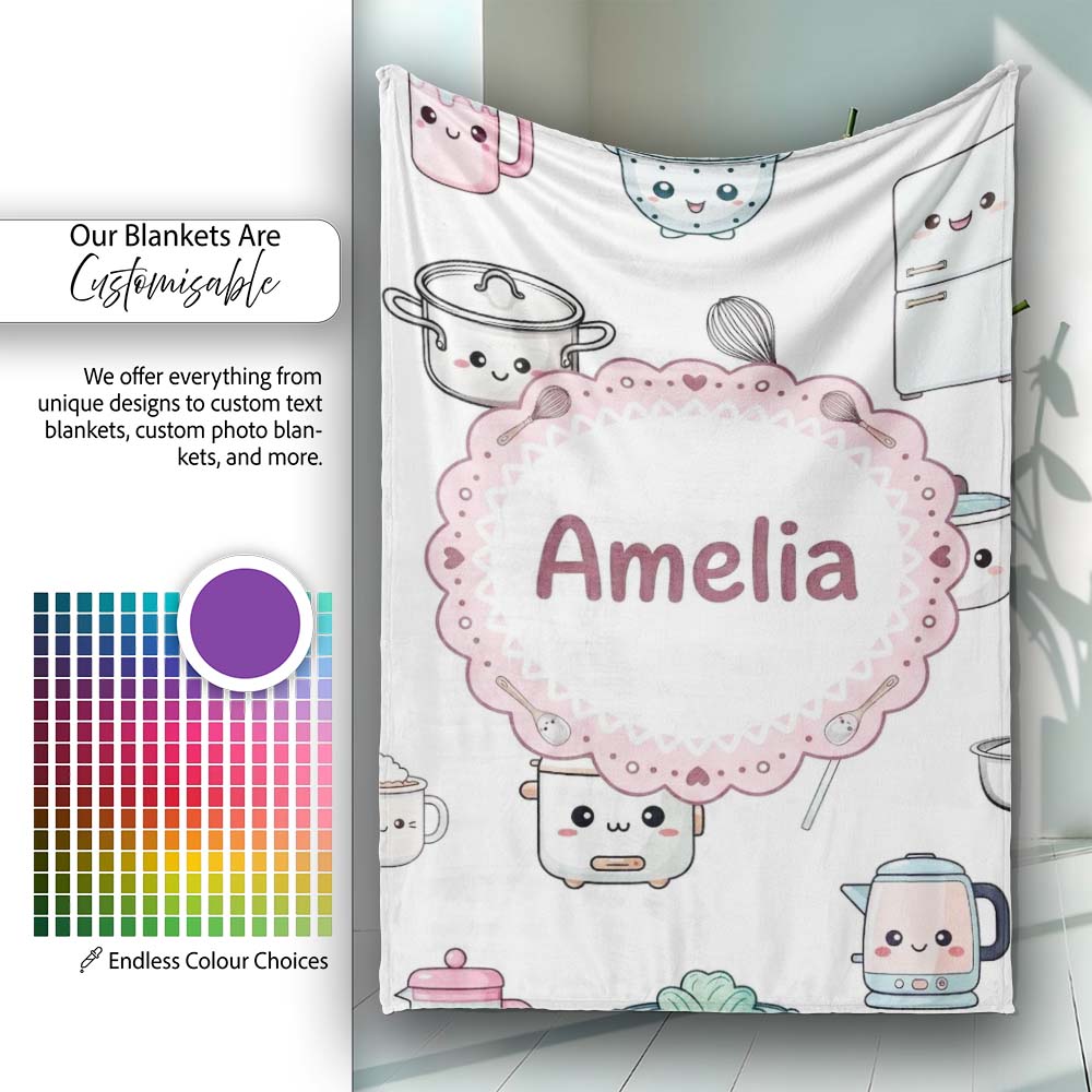 Cute Kawaii Chef Girl  Utensils Grey Background Seamless  Personalised Custom Name Super Soft Fleece Blanket Bed Sofa Throw