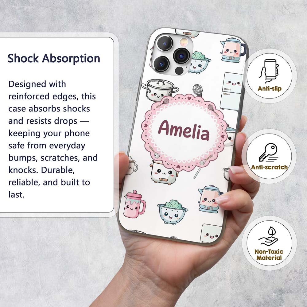 Cute Kawaii Chef Girl Utensils Grey Background Custom Name Protective Phone Case Mobile Cover Durable Everyday Smartphone Shock Resistant