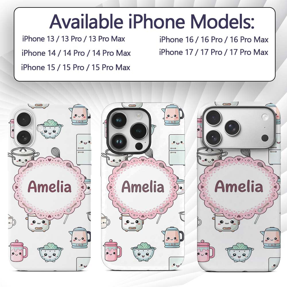 Cute Kawaii Chef Girl Utensils Grey Background Custom Name Protective Phone Case Mobile Cover Durable Everyday Smartphone Shock Resistant