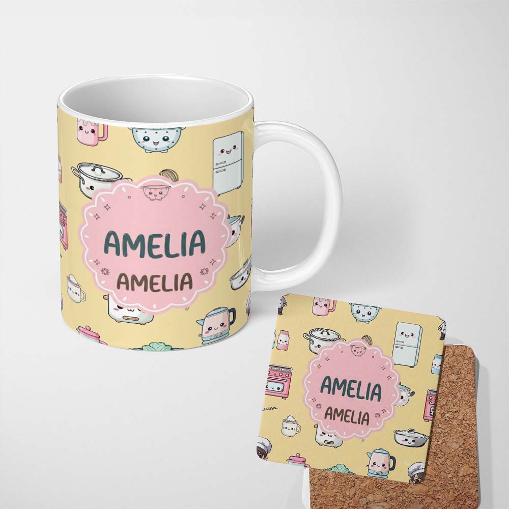 Personalized Custom Name Cute Kawaii Chef Girl Kitchen Utensils Yellow Background Seamless 11oz Ceramic Coffee Tea Mug White Large Handle