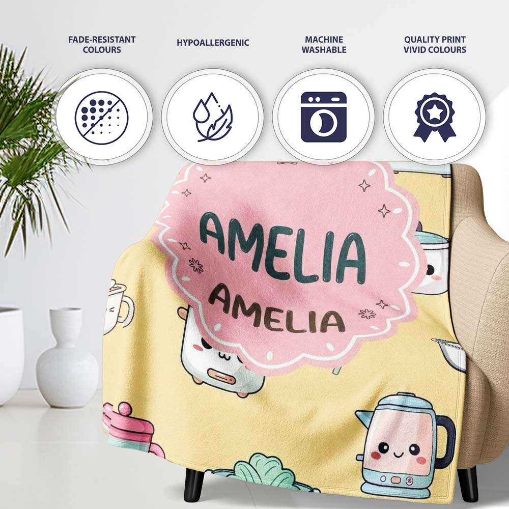 Cute Kawaii Chef Girl  Utensils Yellow Background Seamless  Personalised Custom Name Super Soft Fleece Blanket Bed Sofa Throw