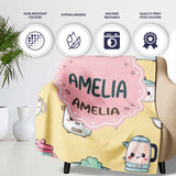 Cute Kawaii Chef Girl  Utensils Yellow Background Seamless  Personalised Custom Name Super Soft Fleece Blanket Bed Sofa Throw