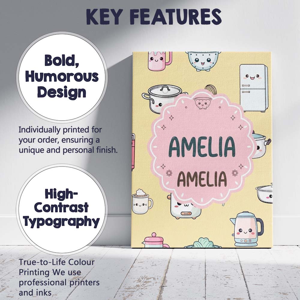 Personalised Name Cute Kawaii Chef Girl Custom  Modern Room Accent Elegant Feature Canvas Wall Art Print Decor Picture Ready to Hang