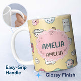 Personalized Custom Name Cute Kawaii Chef Girl Kitchen Utensils Yellow Background Seamless 11oz Ceramic Coffee Tea Mug White Large Handle