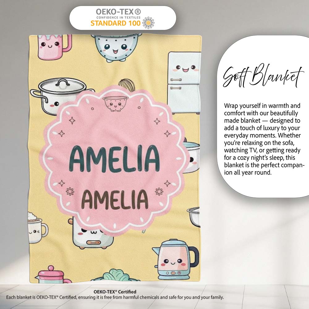 Cute Kawaii Chef Girl  Utensils Yellow Background Seamless  Personalised Custom Name Super Soft Fleece Blanket Bed Sofa Throw
