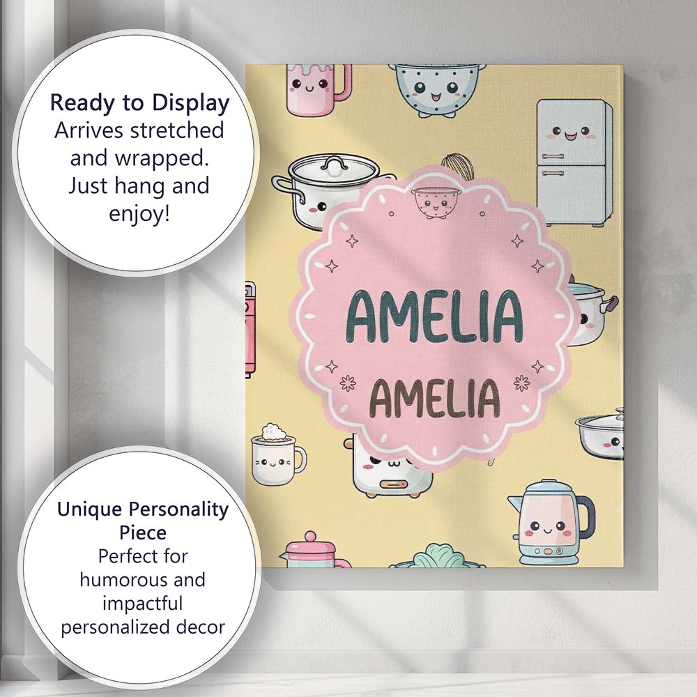 Personalised Name Cute Kawaii Chef Girl Custom  Modern Room Accent Elegant Feature Canvas Wall Art Print Decor Picture Ready to Hang