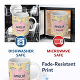 Personalized Custom Name Cute Kawaii Chef Girl Kitchen Utensils Yellow Background Seamless 11oz Ceramic Coffee Tea Mug White Large Handle