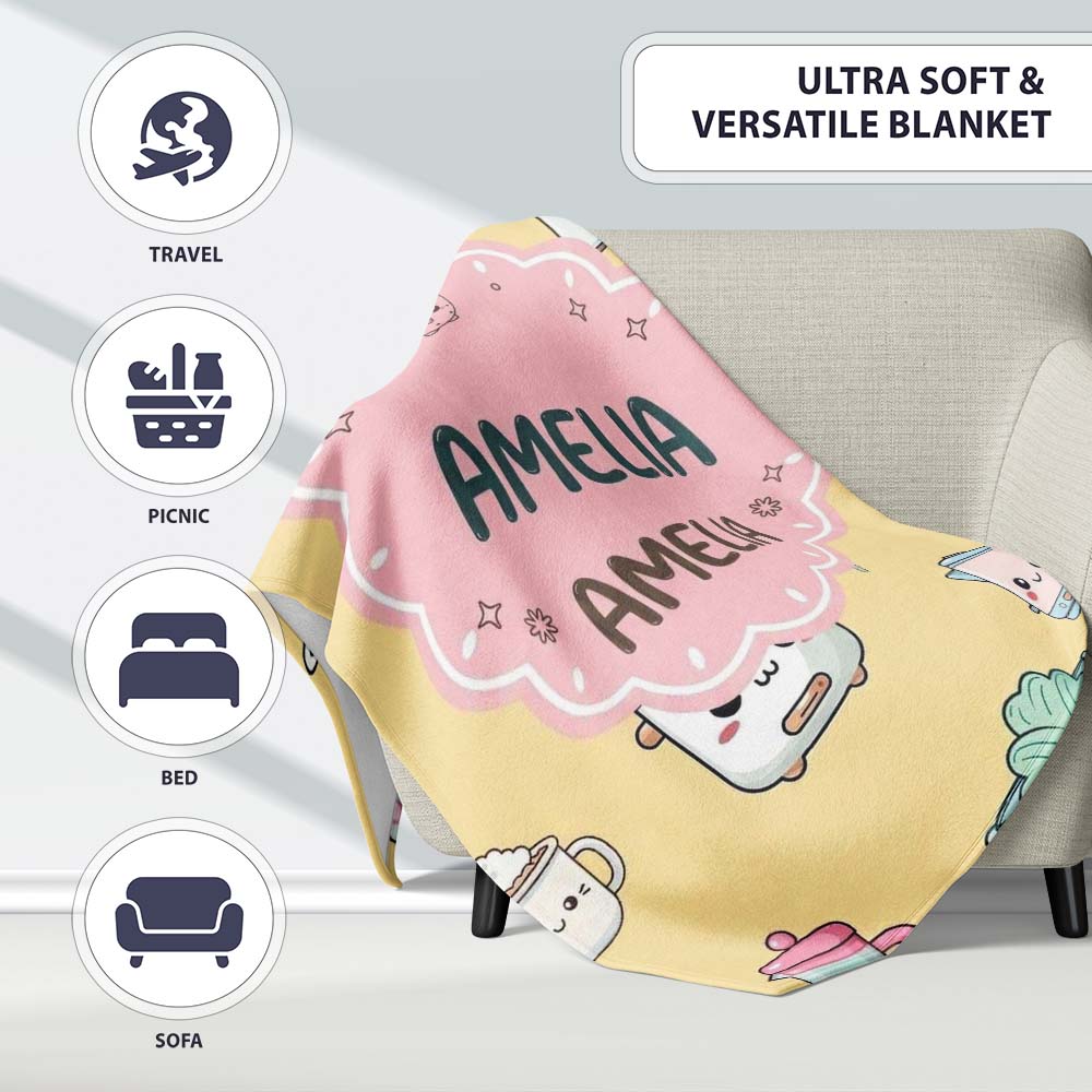 Cute Kawaii Chef Girl  Utensils Yellow Background Seamless  Personalised Custom Name Super Soft Fleece Blanket Bed Sofa Throw
