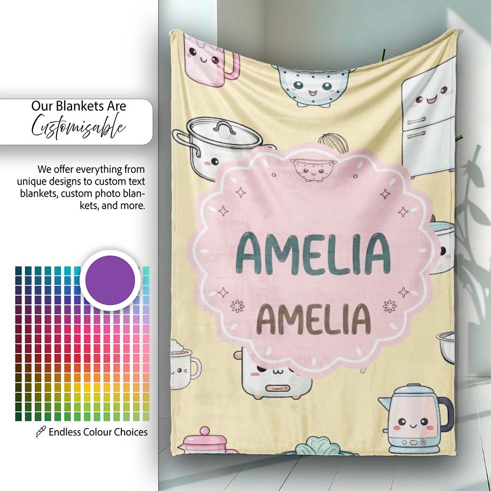 Cute Kawaii Chef Girl  Utensils Yellow Background Seamless  Personalised Custom Name Super Soft Fleece Blanket Bed Sofa Throw