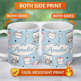 Personalized Custom Name Cute Kawaii Coffee Maker Cups Milk Carton Seamless Pattern Name 11oz Ceramic Coffee Tea Mug White Large Handle