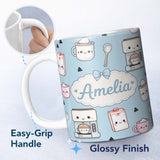 Personalized Custom Name Cute Kawaii Coffee Maker Cups Milk Carton Seamless Pattern Name 11oz Ceramic Coffee Tea Mug White Large Handle