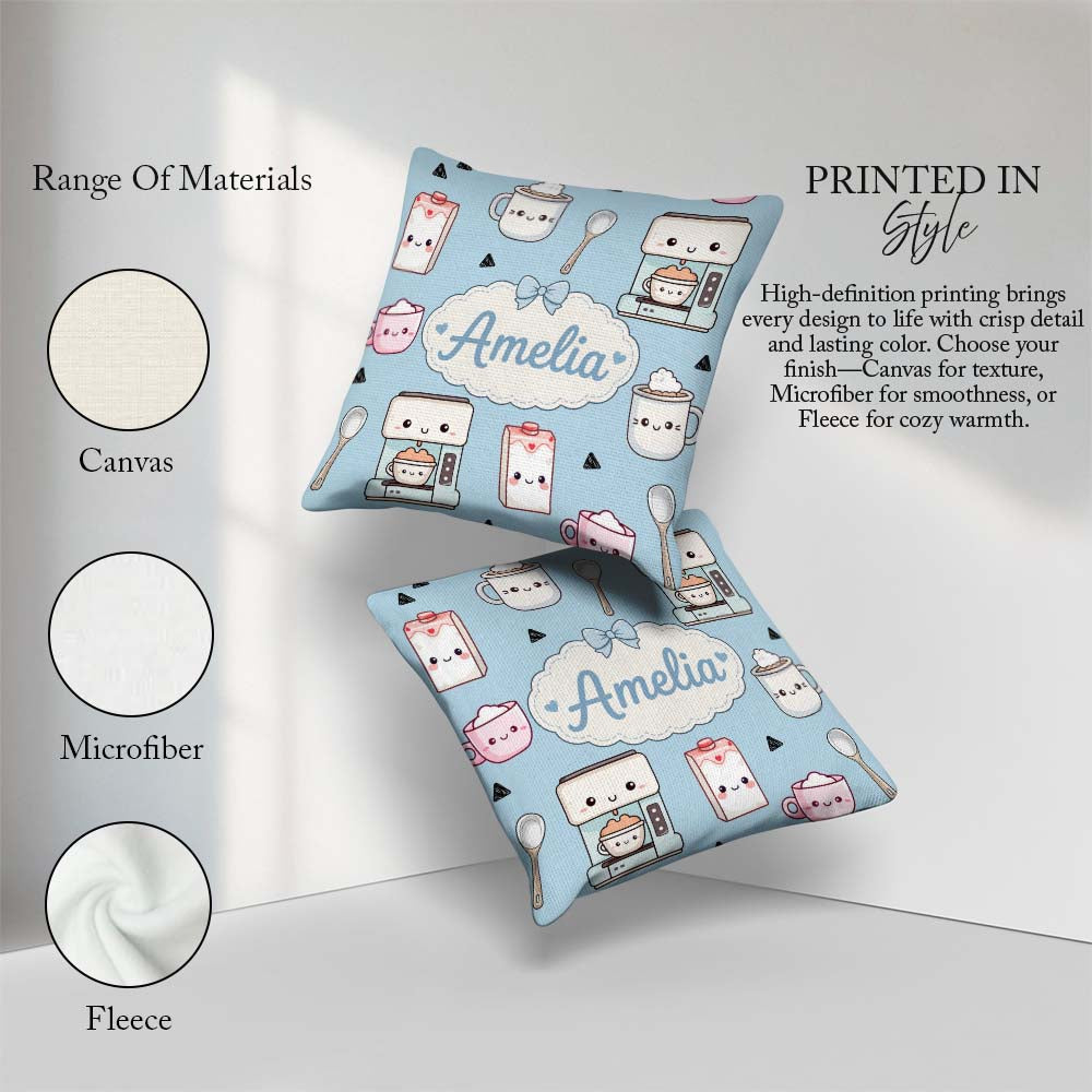 Custom Name Kawaii Maker Cups Milk Carton Seamless Pattern Name Square Filled Cushion Throw Pillow Sofa Bed Home Decor Zip Washable UK Made