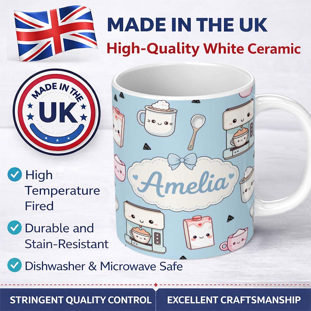 Personalized Custom Name Cute Kawaii Coffee Maker Cups Milk Carton Seamless Pattern Name 11oz Ceramic Coffee Tea Mug White Large Handle