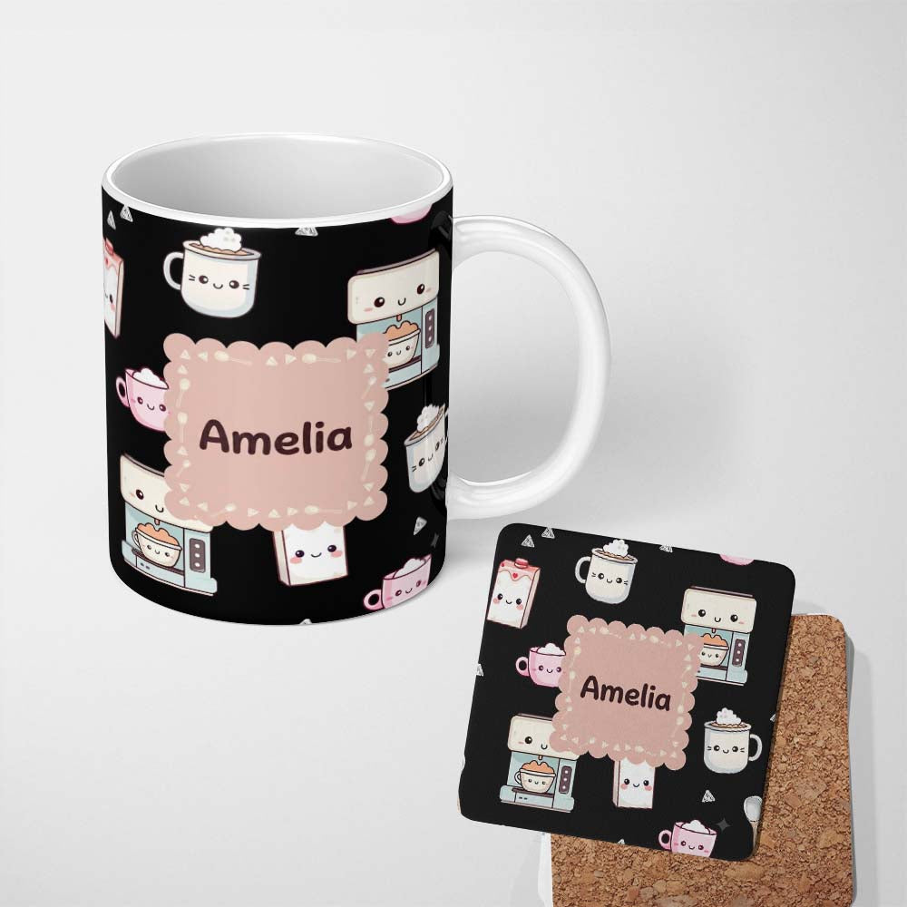 Personalized Custom Name Cute Kawaii Coffee Maker Cups Milk Black Background Seamless 11oz Ceramic Coffee Tea Mug White Large Handle
