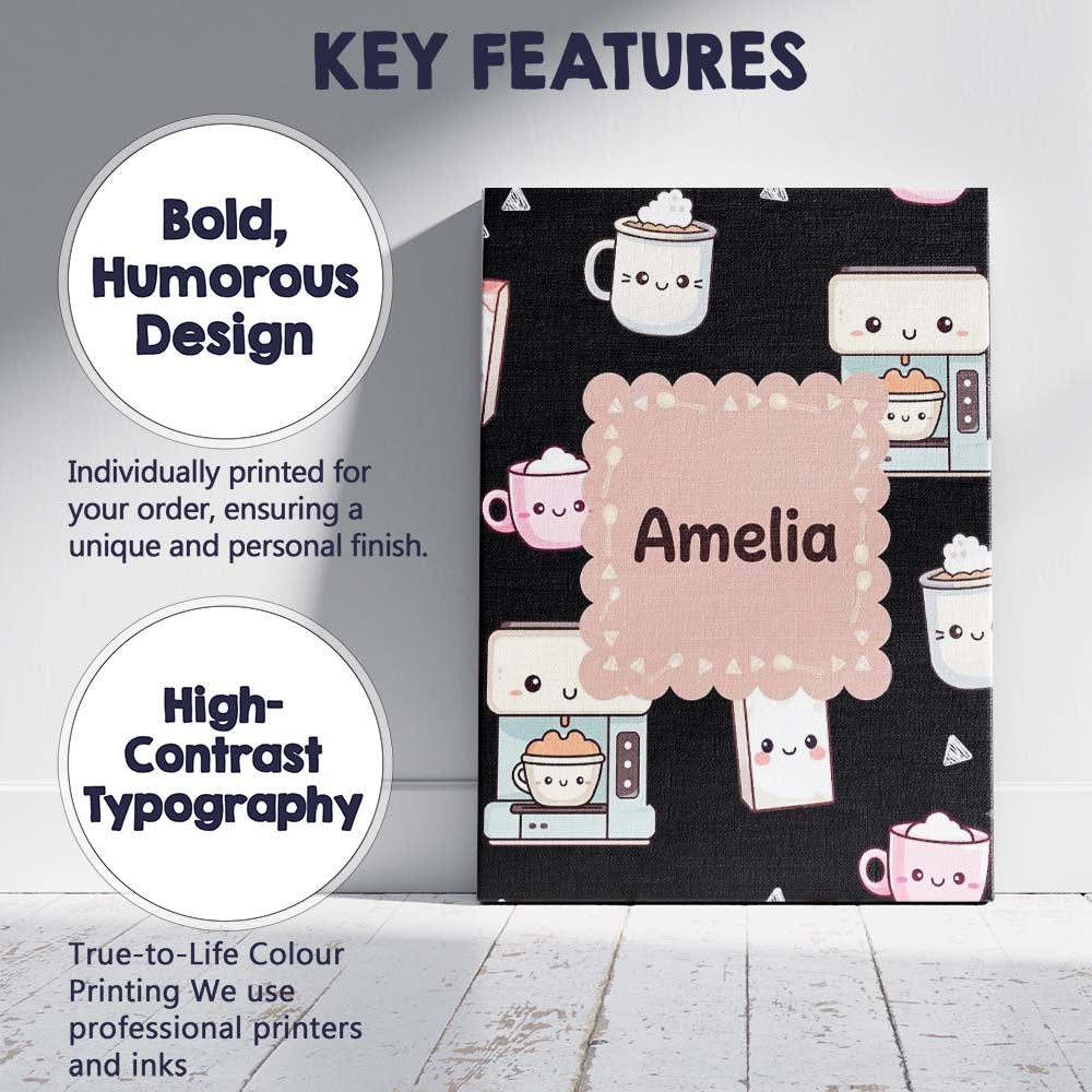 Personalised Name Cute Kawaii Coffee Maker Custom  Unique Gift Idea Elegant Feature Canvas Wall Art Print Decor Picture Ready to Hang