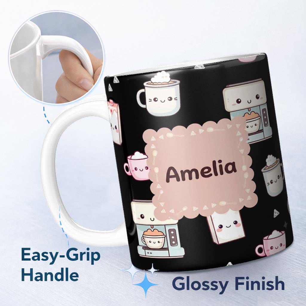 Personalized Custom Name Cute Kawaii Coffee Maker Cups Milk Black Background Seamless 11oz Ceramic Coffee Tea Mug White Large Handle