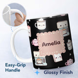 Personalized Custom Name Cute Kawaii Coffee Maker Cups Milk Black Background Seamless 11oz Ceramic Coffee Tea Mug White Large Handle