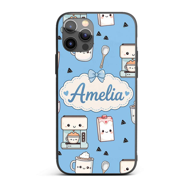 Cute Kawaii Coffee Maker Cups Milk Printed Design Custom Name Protective Phone Case Mobile Cover Durable Everyday Smartphone Shock Resistant