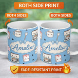 Personalized Custom Name Cute Kawaii Coffee Maker Cups Milk Blue Background Seamless Pattern 11oz Ceramic Coffee Tea Mug White Large Handle