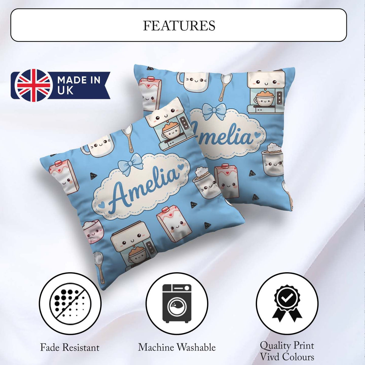 Custom Name Cute Kawaii Maker Cups Milk Blue Background Seamless Square Filled Cushion Throw Pillow Sofa Bed Home Decor Zip Washable UK Made