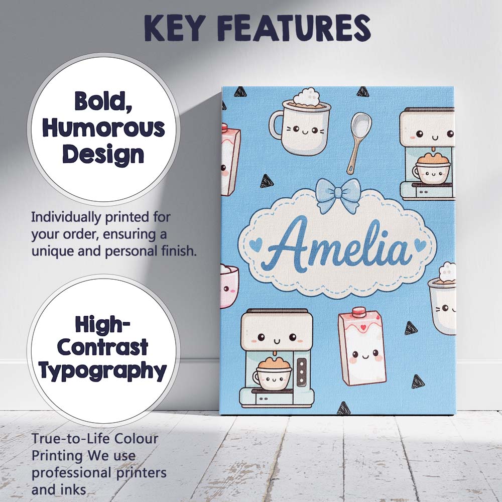 Personalised Name Cute Kawaii Coffee Maker Custom  Unique Gift Idea Elegant Feature Canvas Wall Art Print Decor Picture Ready to Hang