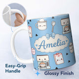 Personalized Custom Name Cute Kawaii Coffee Maker Cups Milk Blue Background Seamless Pattern 11oz Ceramic Coffee Tea Mug White Large Handle