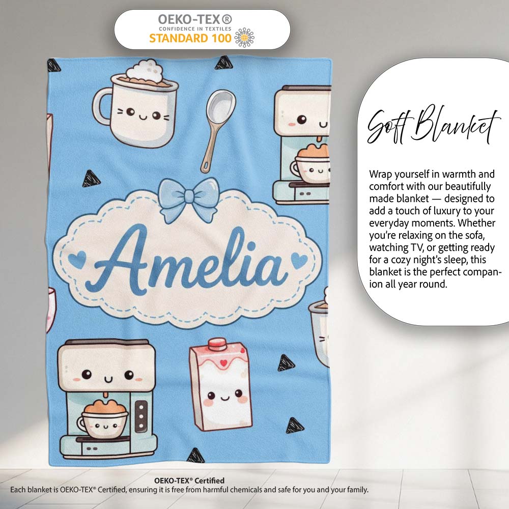 Cute Kawaii Coffee Maker Cups Milk Blue Background Seamless Pattern  Personalised Custom Name Super Soft Fleece Blanket Bed Sofa Throw