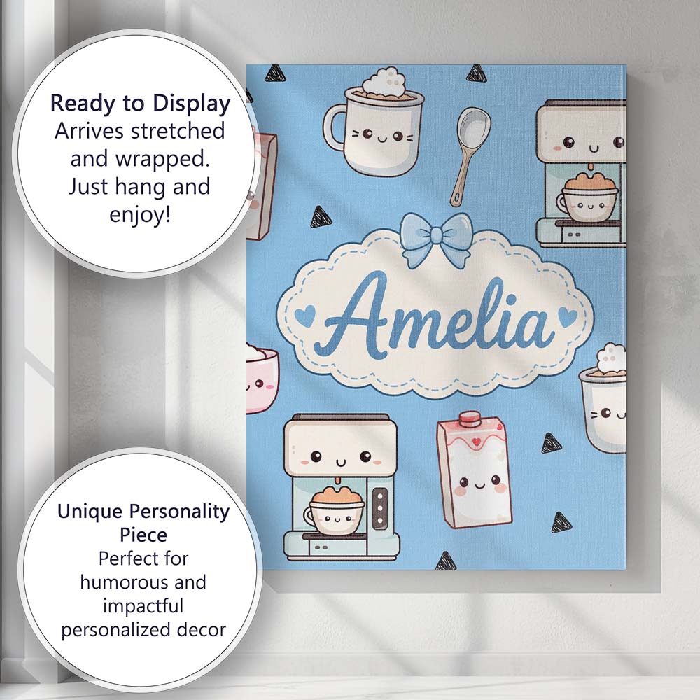 Personalised Name Cute Kawaii Coffee Maker Custom  Unique Gift Idea Elegant Feature Canvas Wall Art Print Decor Picture Ready to Hang