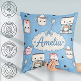 Custom Name Cute Kawaii Maker Cups Milk Blue Background Seamless Square Filled Cushion Throw Pillow Sofa Bed Home Decor Zip Washable UK Made