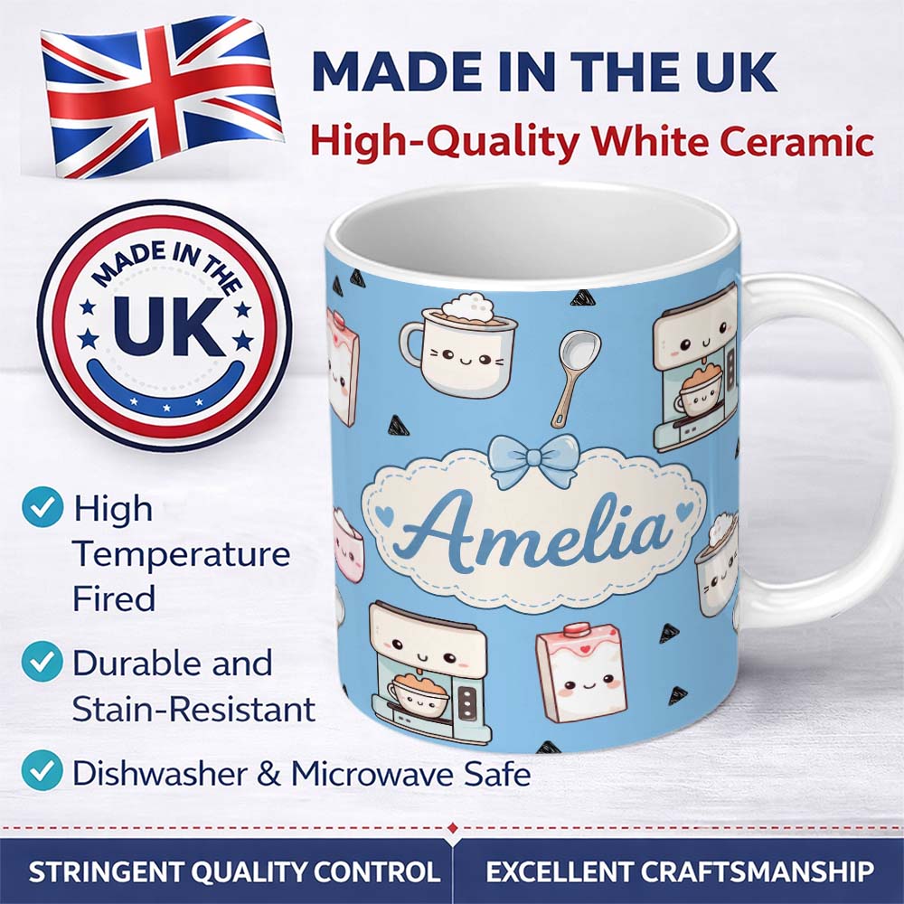 Personalized Custom Name Cute Kawaii Coffee Maker Cups Milk Blue Background Seamless Pattern 11oz Ceramic Coffee Tea Mug White Large Handle