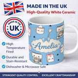 Personalized Custom Name Cute Kawaii Coffee Maker Cups Milk Blue Background Seamless Pattern 11oz Ceramic Coffee Tea Mug White Large Handle