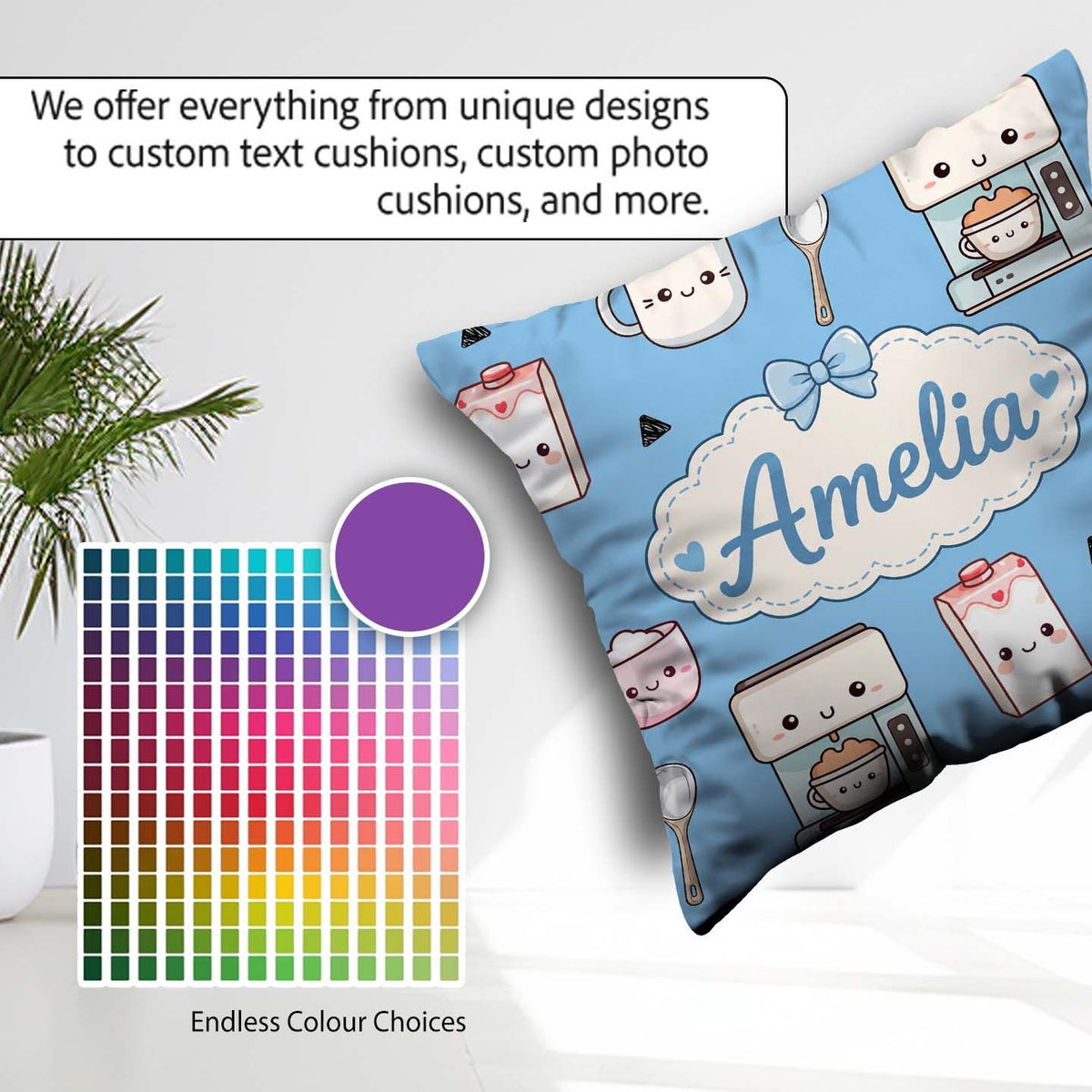 Custom Name Cute Kawaii Maker Cups Milk Blue Background Seamless Square Filled Cushion Throw Pillow Sofa Bed Home Decor Zip Washable UK Made