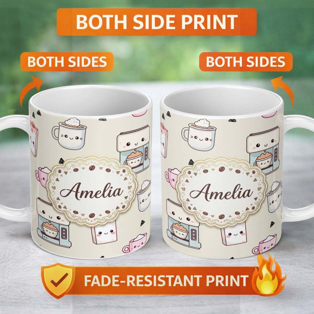 Personalized Custom Name Cute Kawaii Coffee Maker Cups Milk Beige Background Seamless 11oz Ceramic Coffee Tea Mug White Large Handle