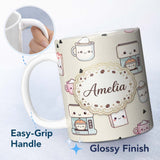 Personalized Custom Name Cute Kawaii Coffee Maker Cups Milk Beige Background Seamless 11oz Ceramic Coffee Tea Mug White Large Handle