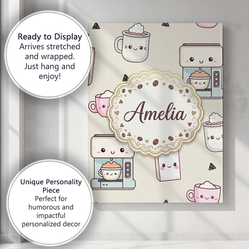 Personalised Name Cute Kawaii Coffee Maker Custom  Unique Gift Idea Elegant Feature Canvas Wall Art Print Decor Picture Ready to Hang