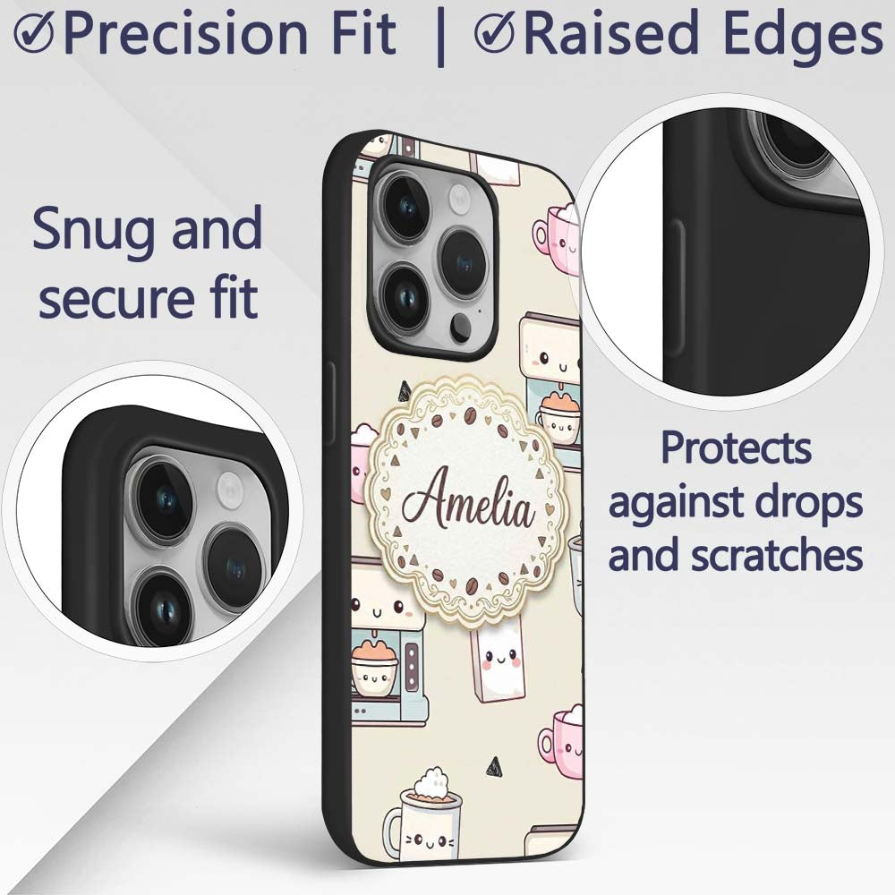 Cute Kawaii Coffee Maker Cups Milk Printed Design Custom Name Protective Phone Case Mobile Cover Durable Everyday Smartphone Shock Resistant