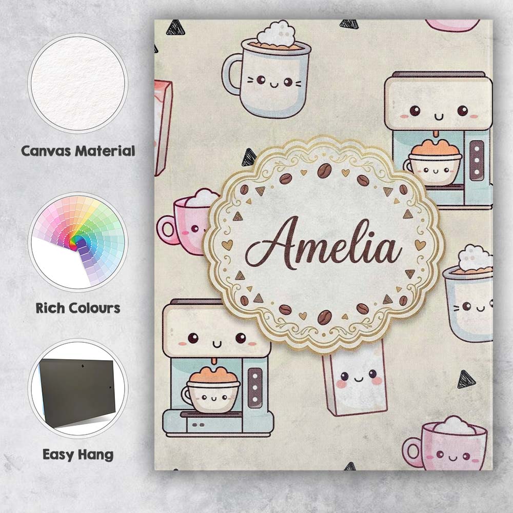 Personalised Name Cute Kawaii Coffee Maker Custom  Unique Gift Idea Elegant Feature Canvas Wall Art Print Decor Picture Ready to Hang