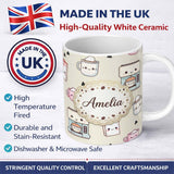 Personalized Custom Name Cute Kawaii Coffee Maker Cups Milk Beige Background Seamless 11oz Ceramic Coffee Tea Mug White Large Handle
