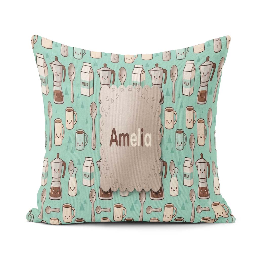 Custom Name Cute Kawaii Maker Cups Milk Mint Background Seamless Square Filled Cushion Throw Pillow Sofa Bed Home Decor Zip Washable UK Made