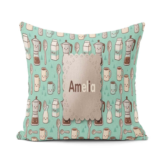 Custom Name Cute Kawaii Maker Cups Milk Mint Background Seamless Square Filled Cushion Throw Pillow Sofa Bed Home Decor Zip Washable UK Made