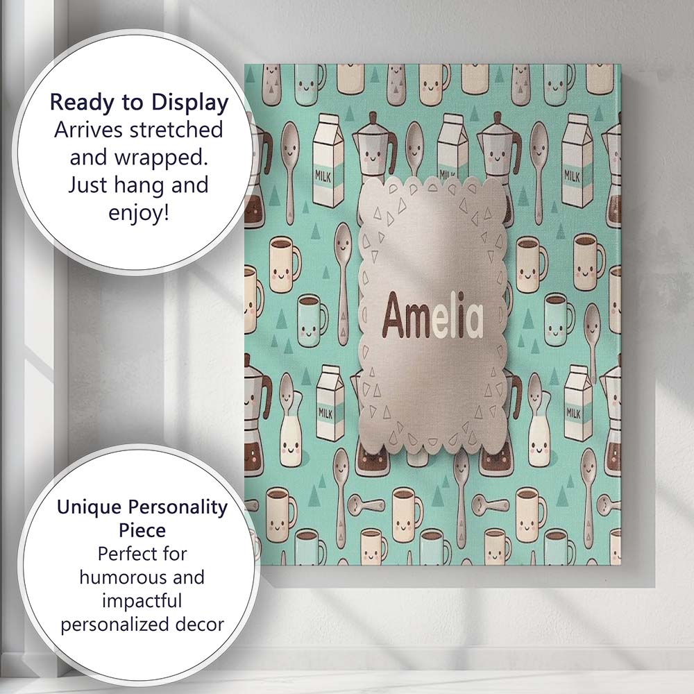 Personalised Name Cute Kawaii Coffee Maker Custom  Unique Gift Idea Elegant Feature Canvas Wall Art Print Decor Picture Ready to Hang