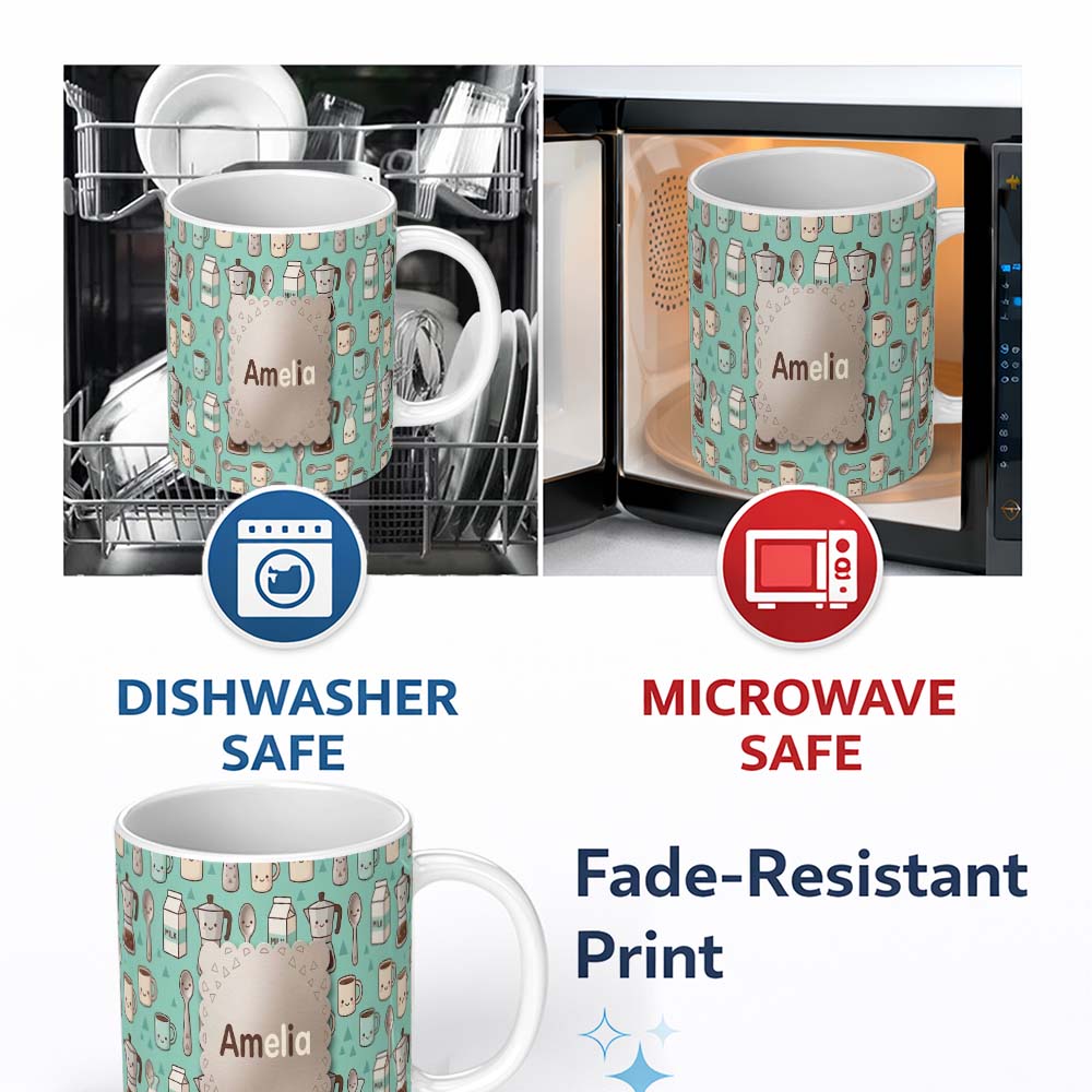 Personalized Custom Name Cute Kawaii Coffee Maker Cups Milk Mint Background Seamless Pattern 11oz Ceramic Coffee Tea Mug White Large Handle