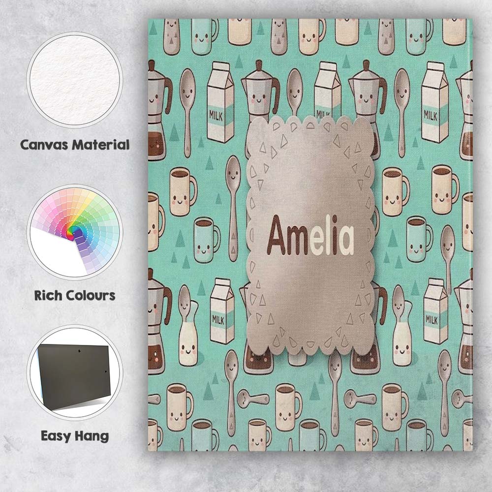 Personalised Name Cute Kawaii Coffee Maker Custom  Unique Gift Idea Elegant Feature Canvas Wall Art Print Decor Picture Ready to Hang