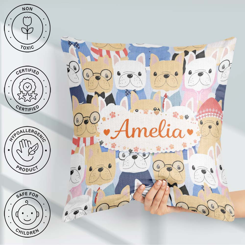 Custom Name French Bulldog Dogs Fashion Outfit Seamless Pattern Square Filled Cushion Throw Pillow Sofa Bed Home Decor Zip Washable UK Made