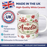 Personalized Custom Name Red Green Snowflake Winter Holiday Seamless Pattern Cute Unique Gift 11oz Ceramic Coffee Tea Mug White Large Handle
