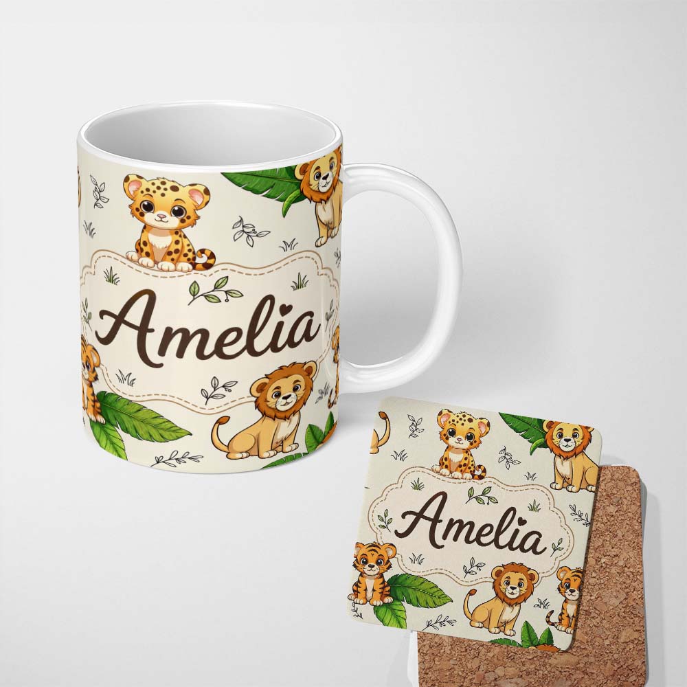 Personalized Custom Name Cute Jungle Animals Lion Tiger Leopard Tropical Leaves Cream Lovely 11oz Ceramic Coffee Tea Mug White Large Handle