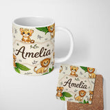 Personalized Custom Name Cute Jungle Animals Lion Tiger Leopard Tropical Leaves Cream Lovely 11oz Ceramic Coffee Tea Mug White Large Handle