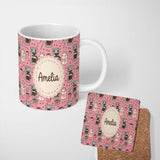 Personalized Custom Name Cute Kawaii Coffee Maker Cups Milk Pink Background Seamless Pattern 11oz Ceramic Coffee Tea Mug White Large Handle