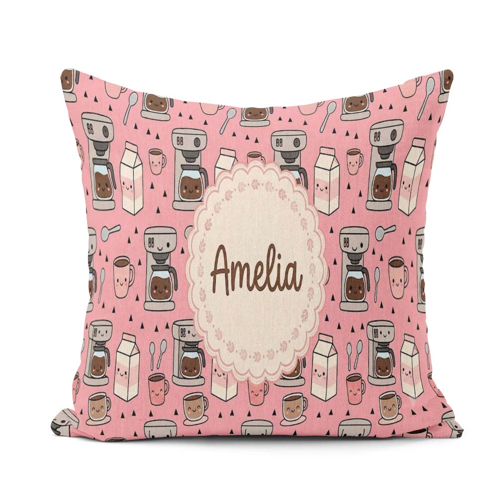 Custom Name Cute Kawaii Maker Cups Milk Pink Background Seamless Square Filled Cushion Throw Pillow Sofa Bed Home Decor Zip Washable UK Made